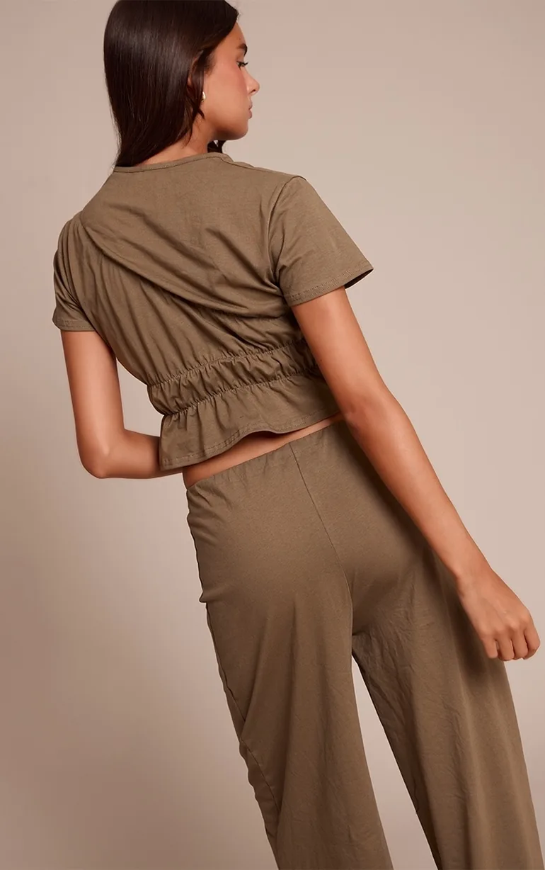 Dark Olive Cotton Ruched Detail Top - 2