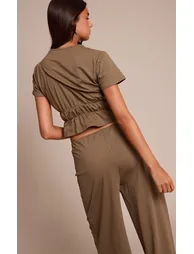 Dark Olive Cotton Ruched Detail Top - 2