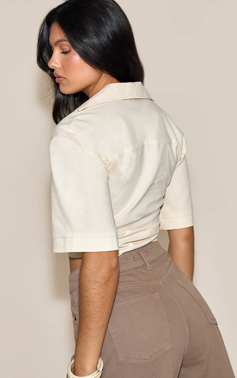 Cream Lightweight Woven Twist Cropped Shirt - 1