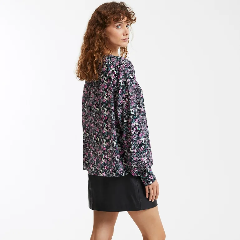 Graphic Print Blouse with Crew Neck and Long Sleeves - 3