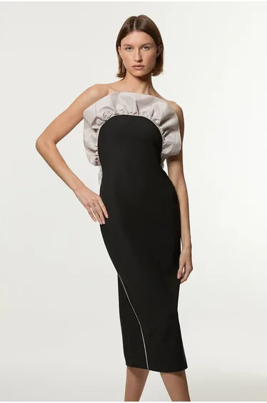 Ruffle Taffeta Compact Stretch Bandeau Tailored Midi Dress