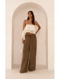 Chocolate Crinkle Satin Drawstring Low Rise Trousers