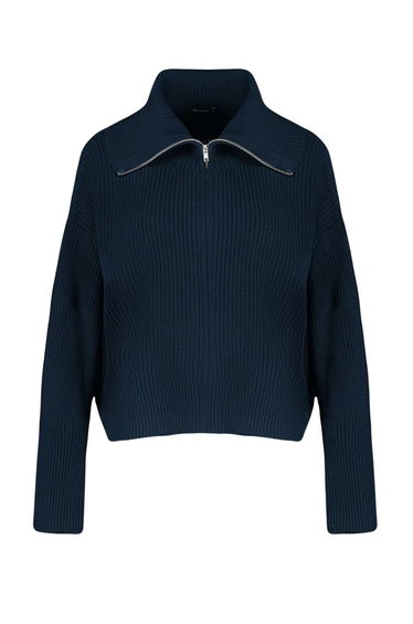 Navy Blue Turn-down Collar Zippered Crop Knitwear Cardigan product thumbnail 4