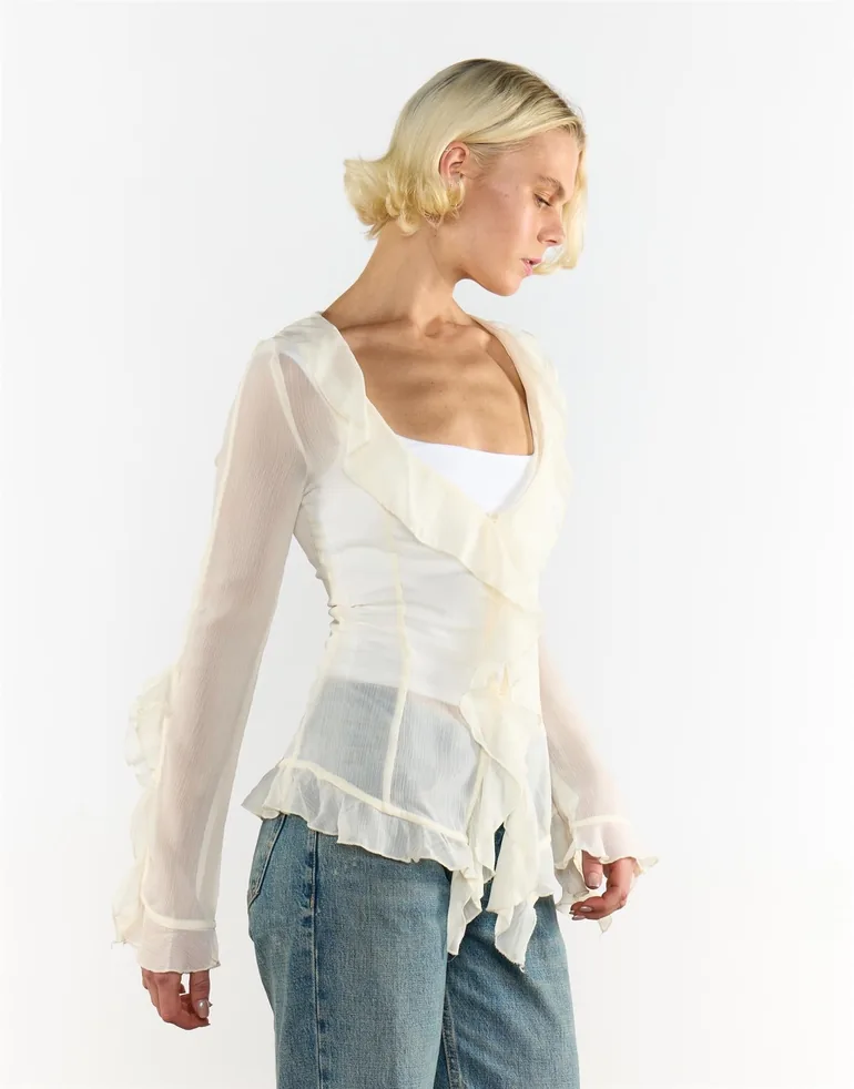 V Neck Sheer Frill Blouse in Cream - 3