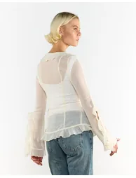 V Neck Sheer Frill Blouse in Cream - 1