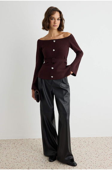 Plum Carmen Collar Waist and Belt Detailed Body-Fitting Knitwear Sweater