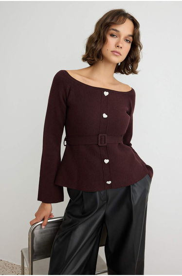 Plum Carmen Collar Waist and Belt Detailed Body-Fitting Knitwear Sweater product thumbnail 2