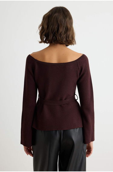Plum Carmen Collar Waist and Belt Detailed Body-Fitting Knitwear Sweater product thumbnail 4