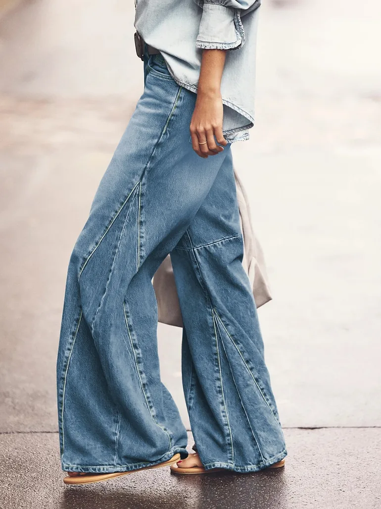 High Rise Wide Palazzo Leg Faded Jeans - 5