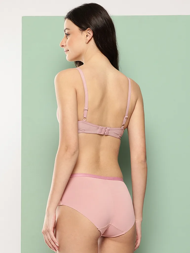 Pink Solid Lightly Padded Non Wired Bra and Brief Set - 3