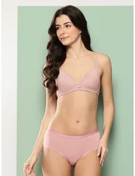 Pink Solid Lightly Padded Non Wired Bra and Brief Set - 1