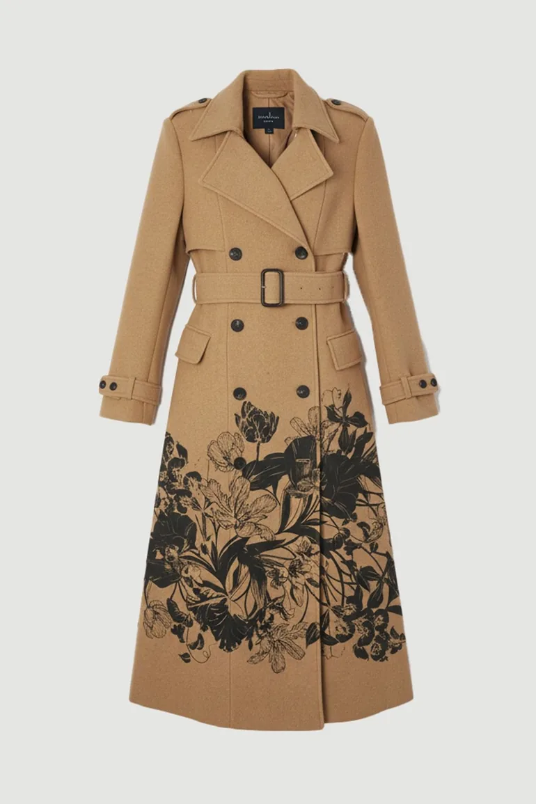 Wool Placement Print Tailored Double Breasted Belted Midi Coat - 3