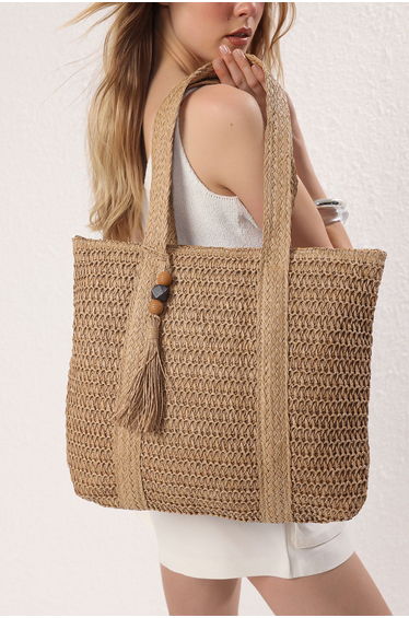 Camel Tassel Charm Detailed Straw Women Maxi Tote Shoulder Handbag product thumbnail 2