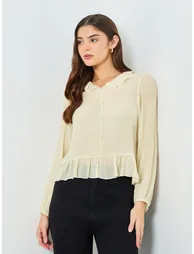 Beige Texture Buttoned Ruffle Hem Top - 2
