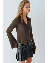 Long Sleeve Textured Blouse with Button Closure - 2