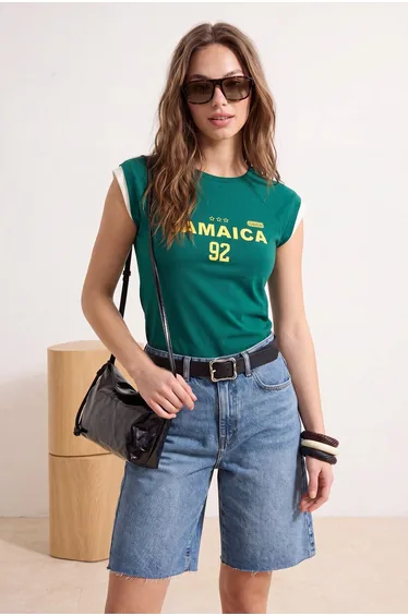 Emerald Green Printed Fitted Short Sleeve Crop Cotton Ribbed Knitted T-Shirt