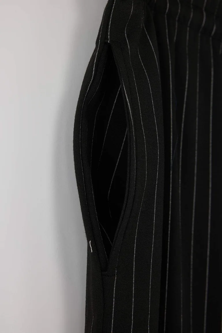 Black Thick Striped Straight Cut Flexible Knit Plus Size Trousers - 5