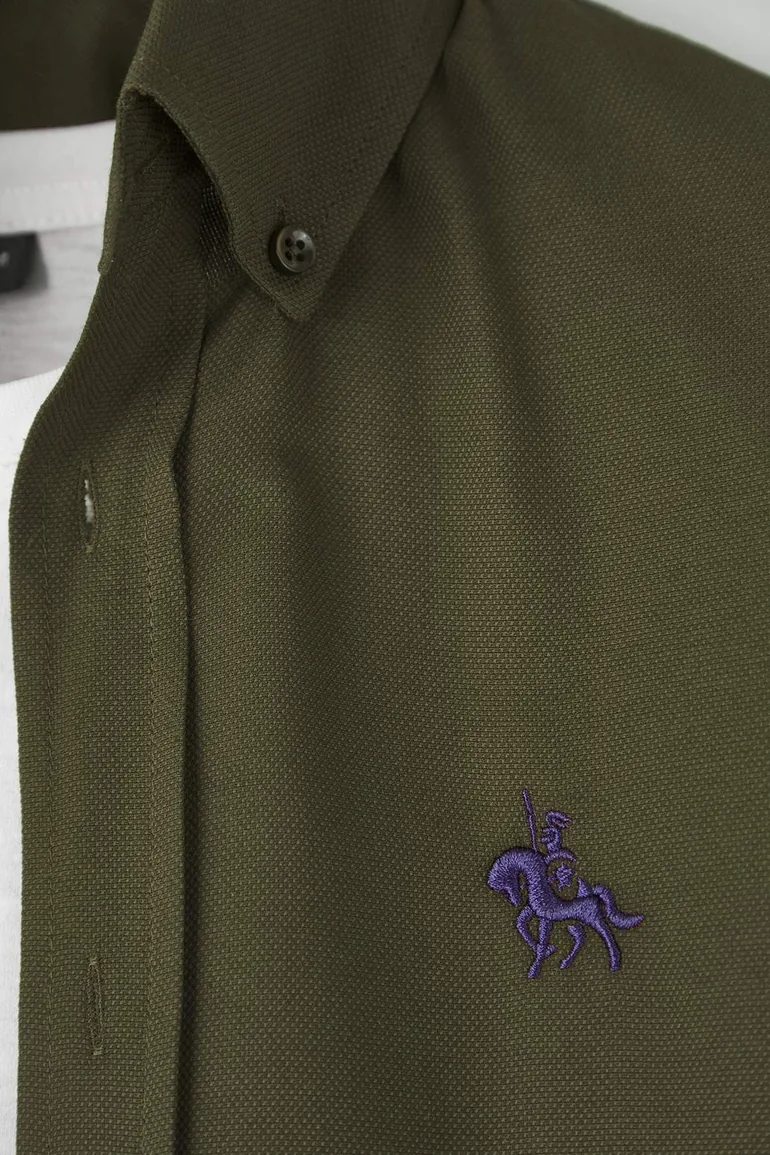 Dark Khaki Regular Fit Embroidery Detailed Oxford Easy Iron Smart Shirt - 2