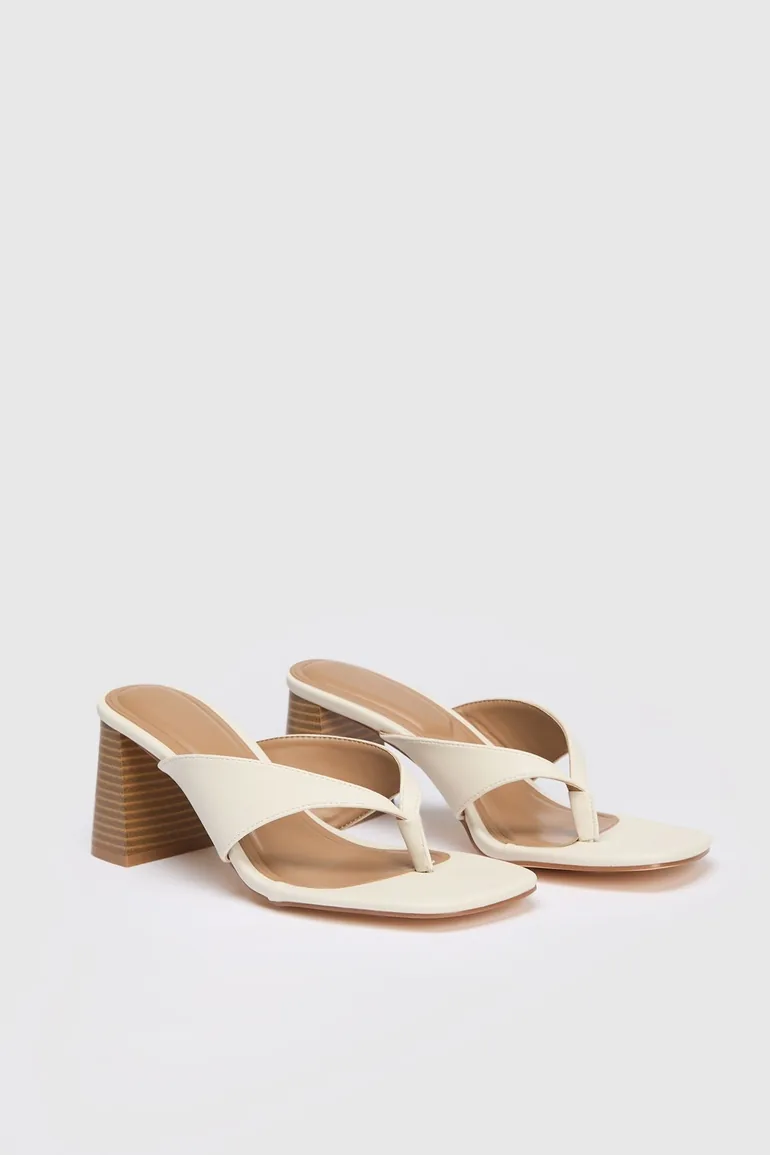 Toe Post Stack Heeled Mules - off white - 2