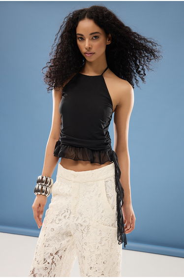 Black Lined Ruffle Detailed Tulle Knit Blouse product thumbnail 2