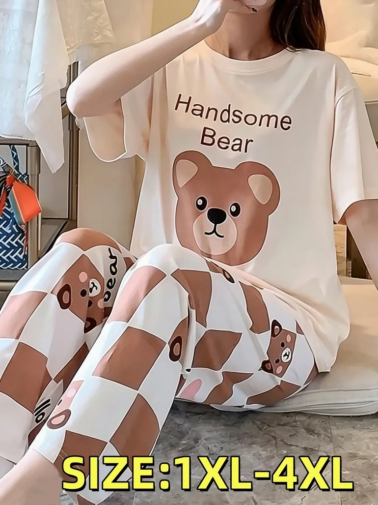 Plus Size Bear Print T-Shirt and Pyjama Set - 4