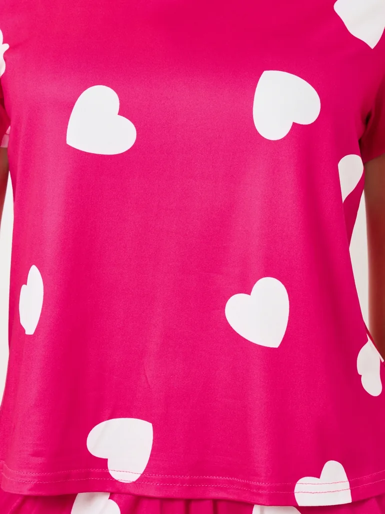 Pink Heart Print Top with Shorts Pyjama Set - 2