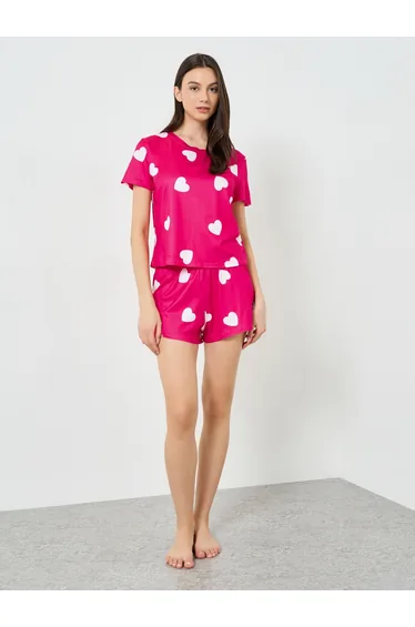 Pink Heart Print Top with Shorts Pyjama Set