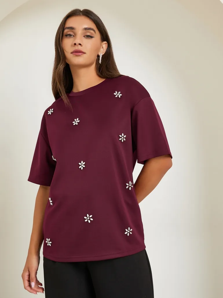 Burgundy Embellished Oversized T-Shirt - 2