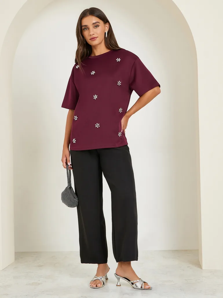 Burgundy Embellished Oversized T-Shirt