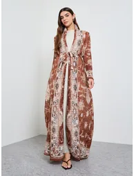 Brown All Over Print Plisse Abaya with Tie-Belt - 1