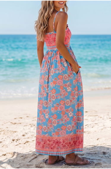 Lvness Sky Blue Bohemian Ethnic Print Spaghetti Straps Vacation Maxi Dress product thumbnail 2