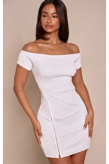 Petite Ash Grey Seam Front Bardot Mini Dress