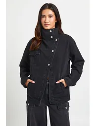 Funnel Neck Asymmetric Denim Jacket - washed black