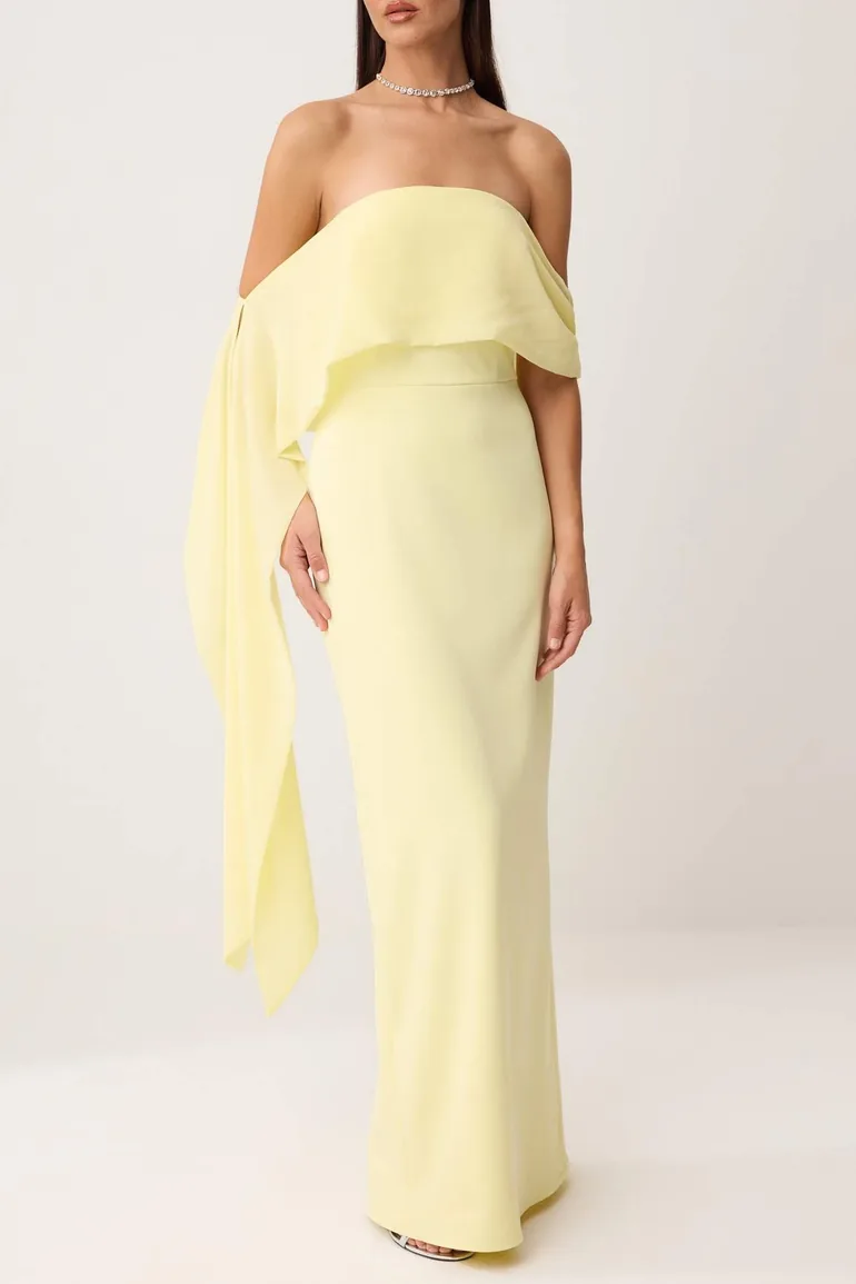 Light Yellow Plain Woven Finike Maxi Evening Dress & Graduation Dress - 2