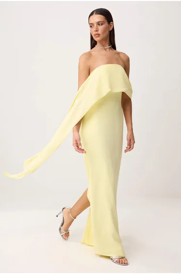 Light Yellow Plain Woven Finike Maxi Evening Dress & Graduation Dress