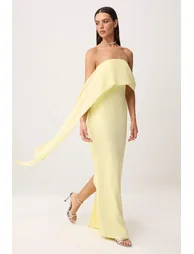 Light Yellow Plain Woven Finike Maxi Evening Dress & Graduation Dress