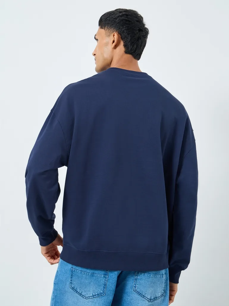 Men Oversized Fleece Sweatshirt with Puff Print - 3