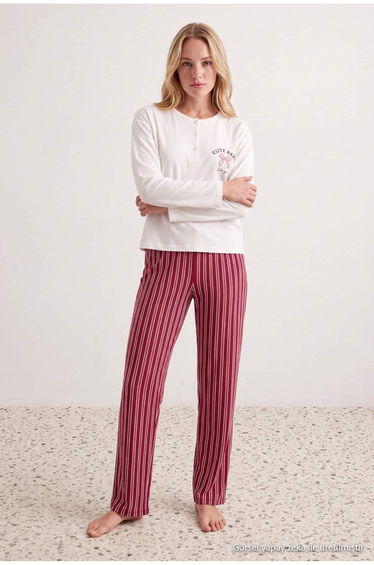 Burgundy-White Striped Cotton Soft Touch Lycra Knitted Pajamas Set Thmaw27Pt00223
