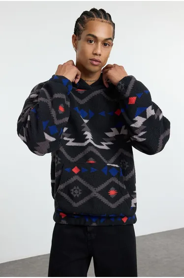 Black Unisex Oversize/Wide Cut Patterned Sherpa Sweatshirt