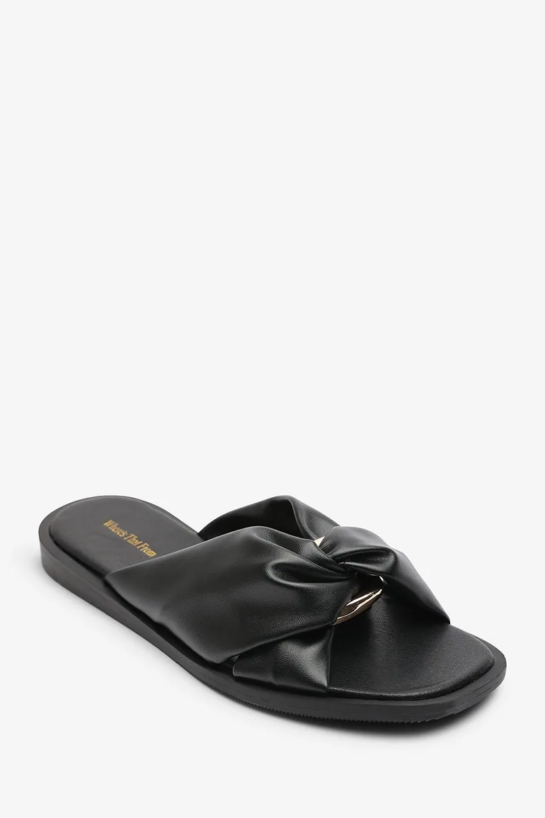 Brooklyne Twist Open Toe Black Slide On Sandals - 3