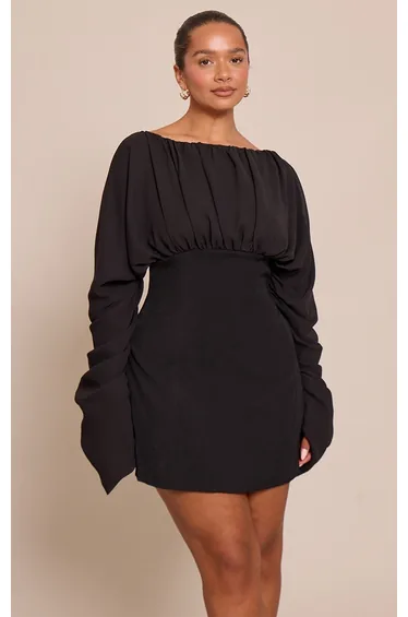 Shape Black Ruched Chiffon Boat Neck Mini Dress