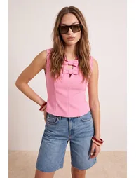 Pink Bow Detailed Woven Blouse - 4
