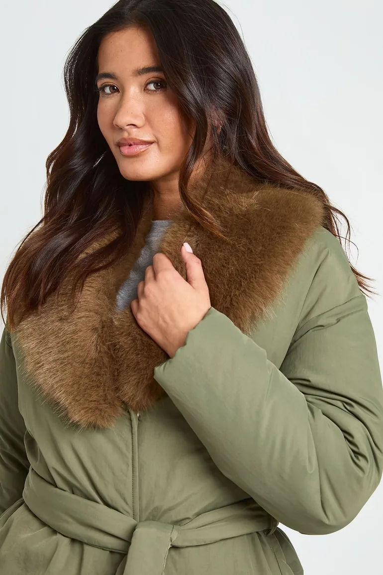 Faux Fur Collar Belted Parka - khaki - 3