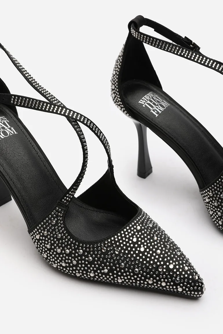 Urania Black Embellished Crossover Strap Heeled Court shoe - 3