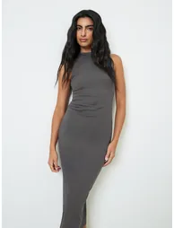 Grey Ribbed Bodycon Midi Dress - 1