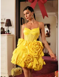 Stanski Spaghetti Flower Satin Mini Dress - 3