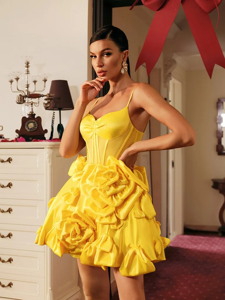 Stanski Spaghetti Flower Satin Mini Dress
