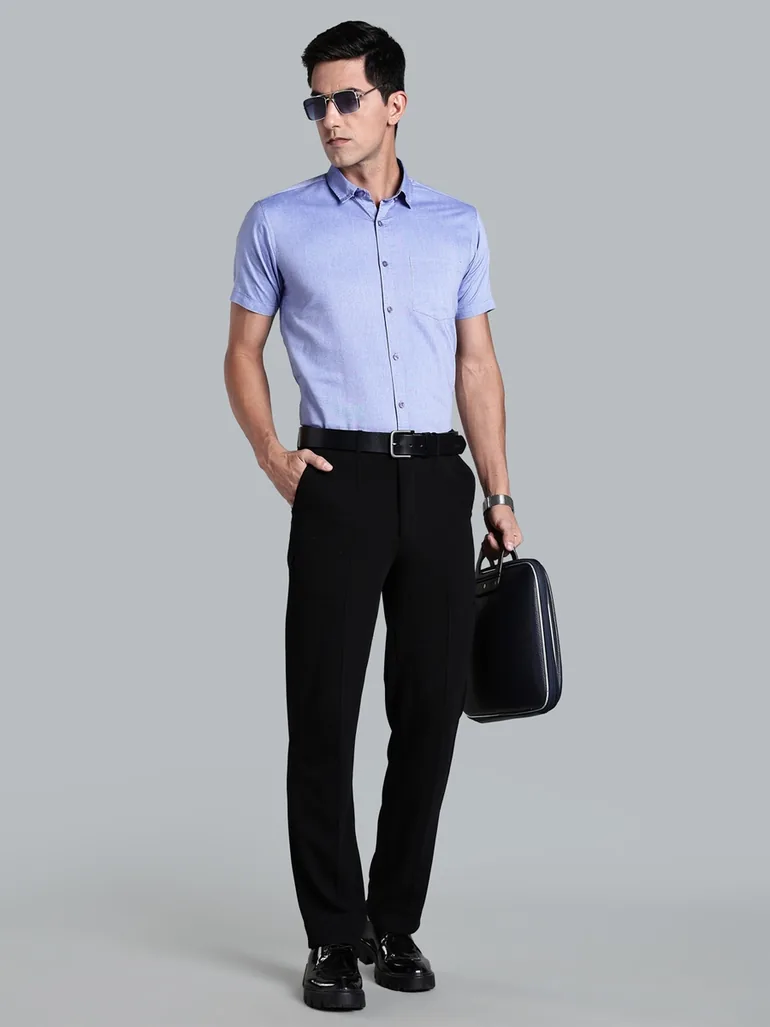 Men Blue Short Sleeve Oxford Shirt - 5