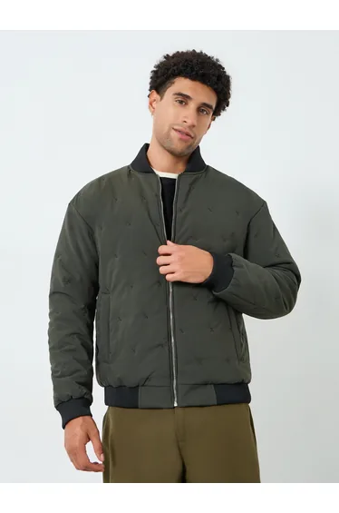 Men Green Relaxed Quilted Bomber Jacket