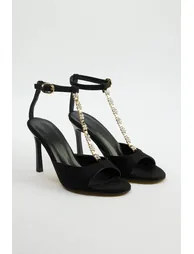 Black Faux Leather Women's Heeled Sandals